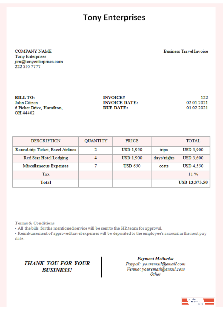 USA Tony Enterprises invoice PSD template